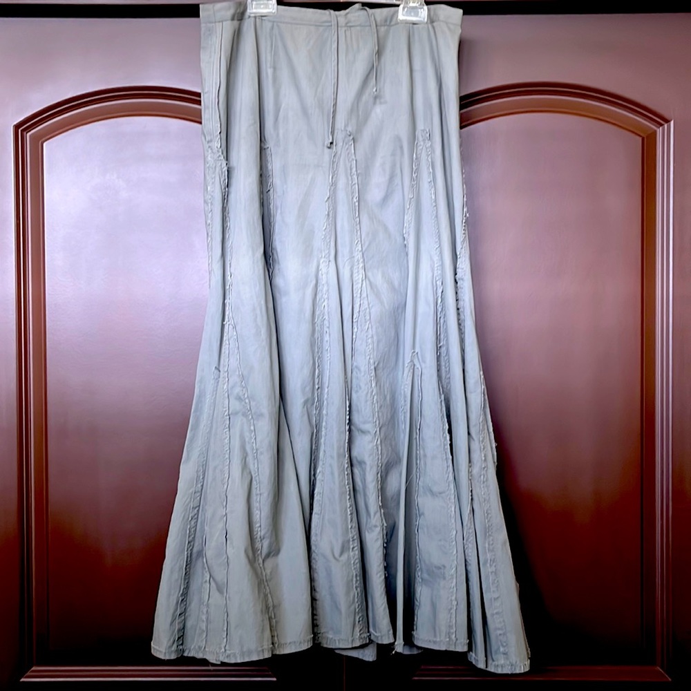 CAbi long skirt with exposed stitching, lace-up waist in back, size small